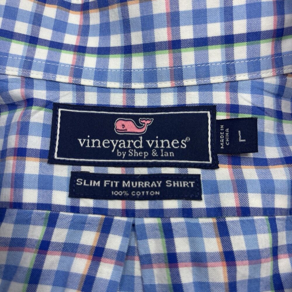 Vineyard Vines Slim Fit Men's Large Blue White Plaid Long Sleeve Murray Shirt - Picture 8 of 8